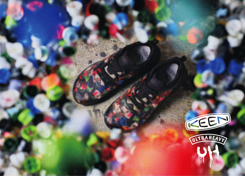 A pair of multi-colored KEEN shoes and the words "KEEN Ultra Heavy".
