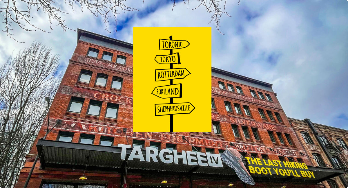 A KEEN storefront, with a yellow box pointing to different cities in front of the image.