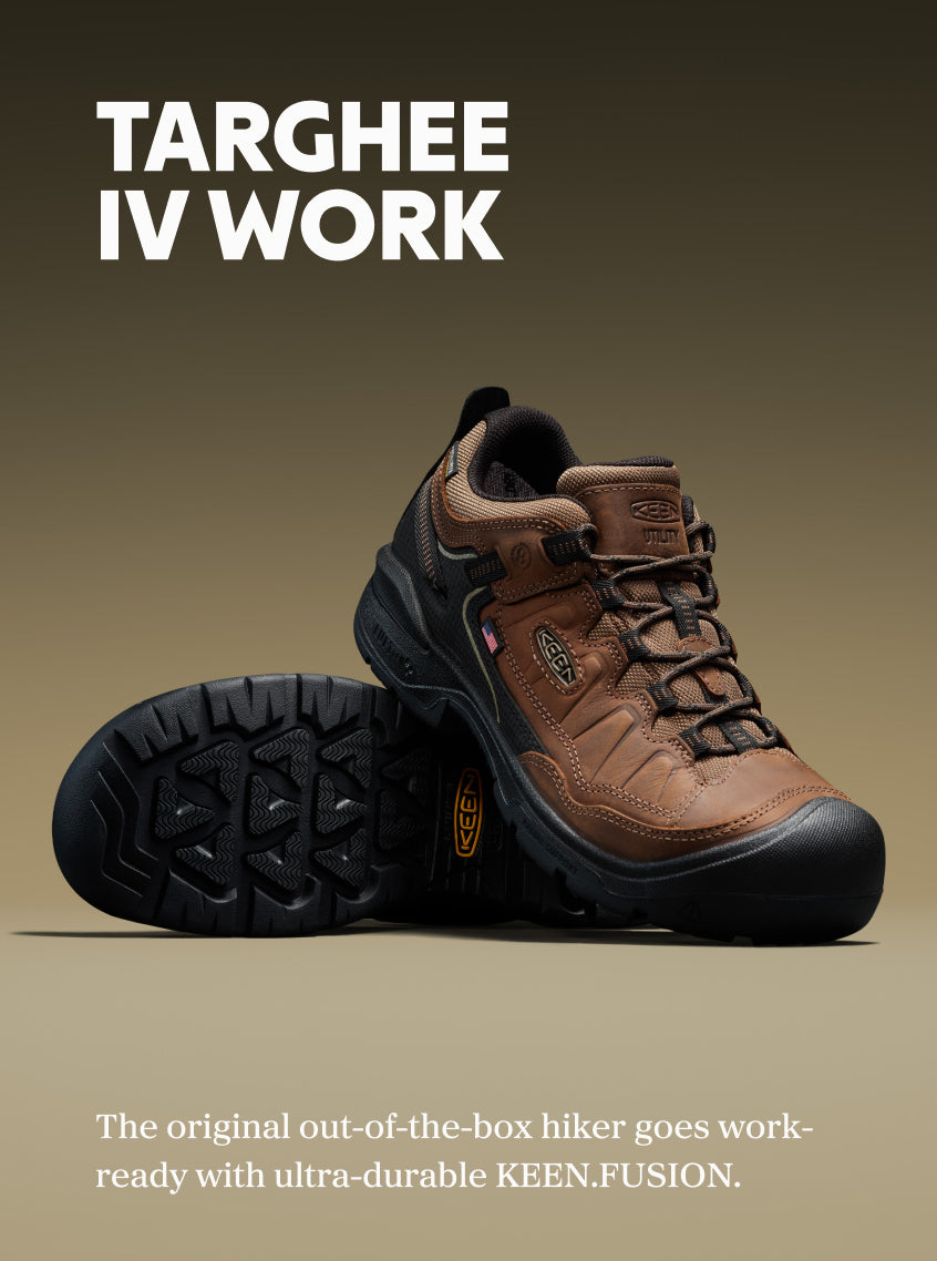  Product shot of Targhee IV Work. Text reads "Targhee IV Work: The original out-of-the-box hiker goes work-ready with ultra-durable KEEN.FUSION."