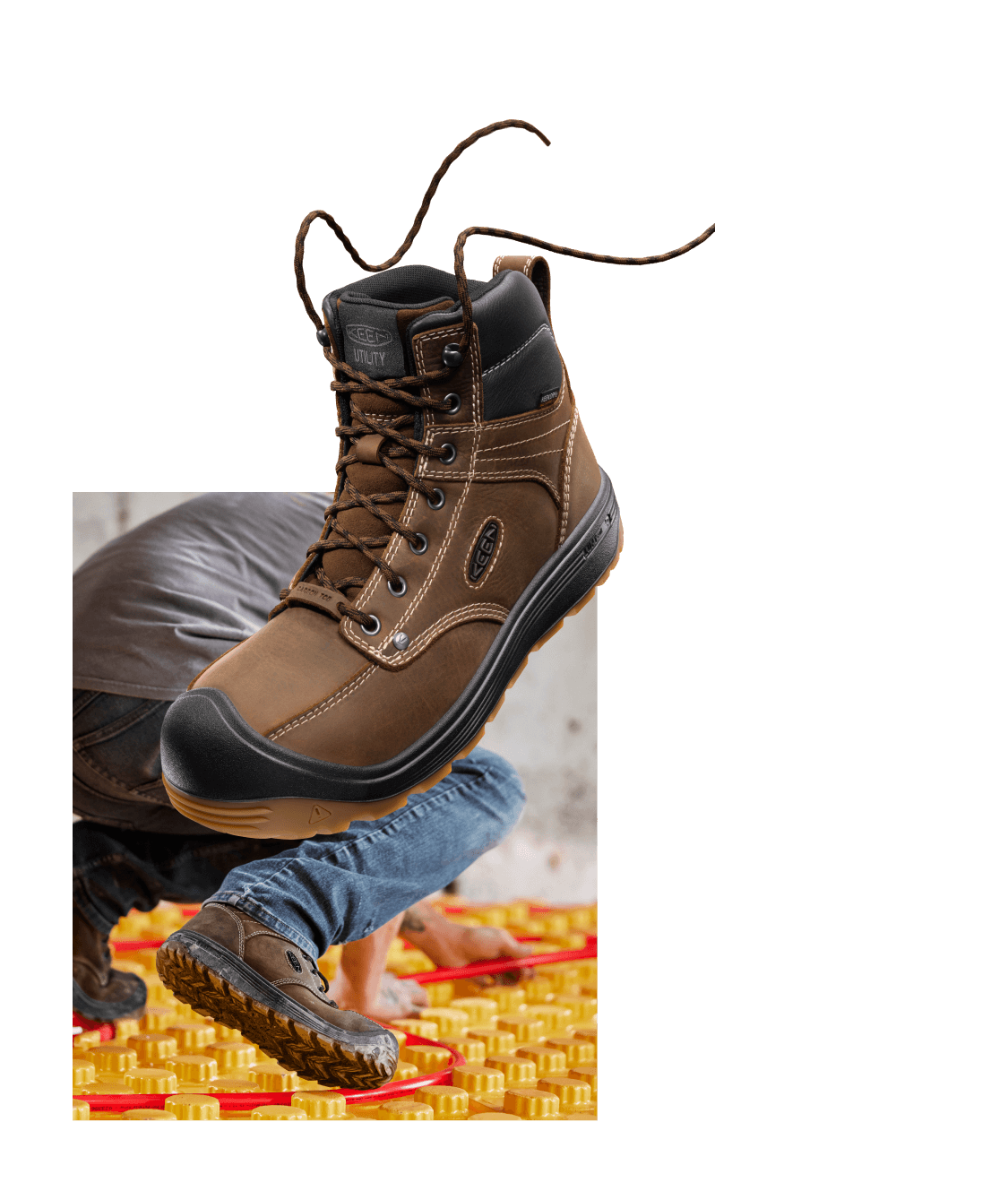 Fort Wayne work boots against yellow, textured background