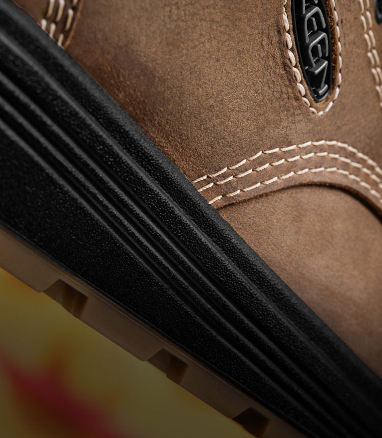 Close up of Keen Fusion upper sole on Fort Wayne work boot
