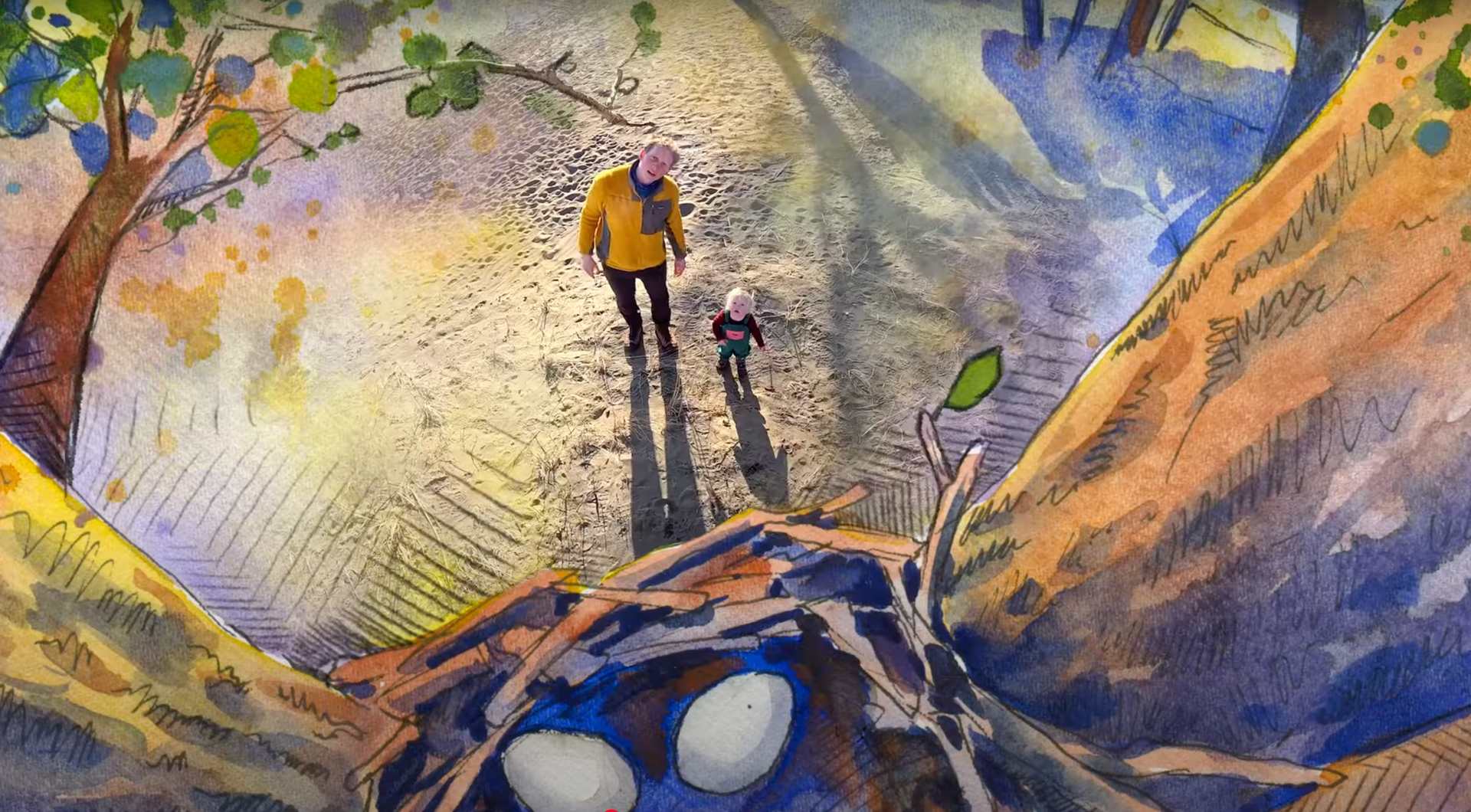 A man and a child staring upwards towards a tree, surrounded by painted scene.