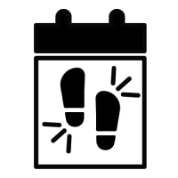 A calendar icon with two black footprints inside of it.