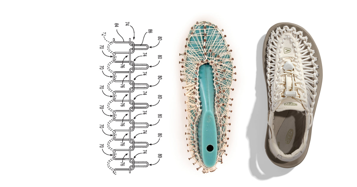 The Uneek design process featuring a sketch of the cord design, the initial mold of the Uneek sole, and the finished tan Uneek sandal product 