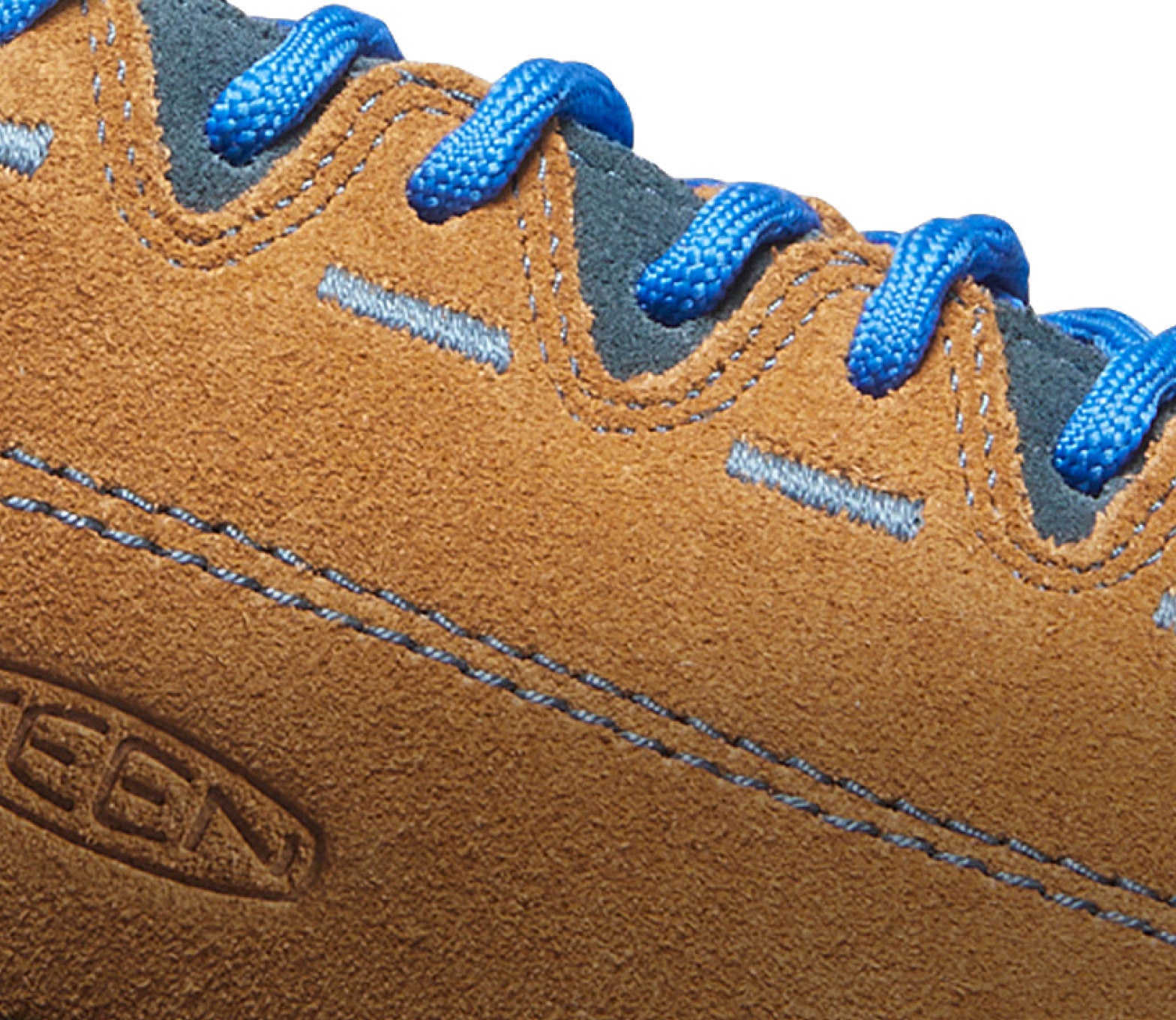 A close-up of a brown and blue KEEN Jasper sneaker.
