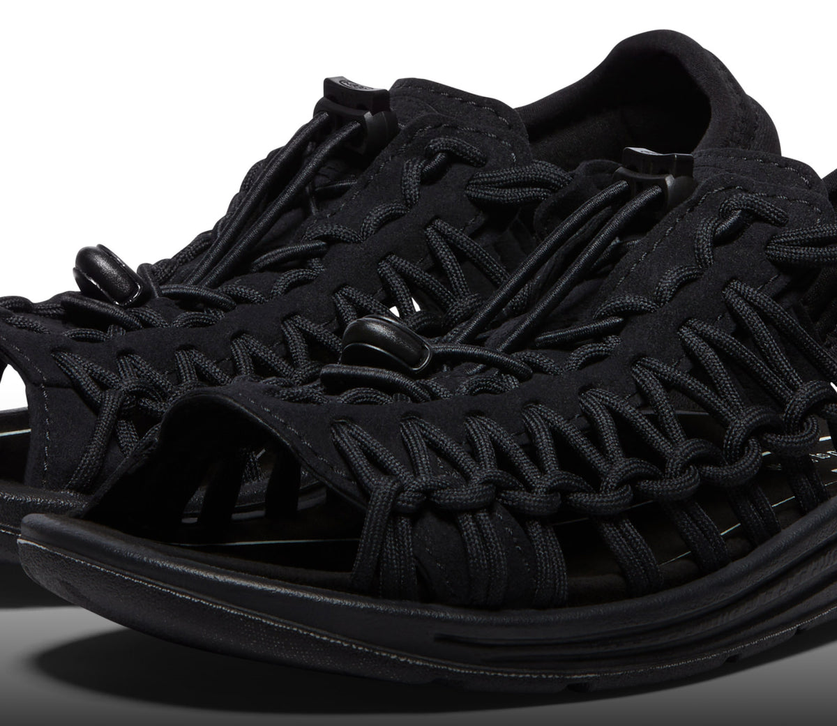 A close-up of two black KEEN UNEEK sandals.