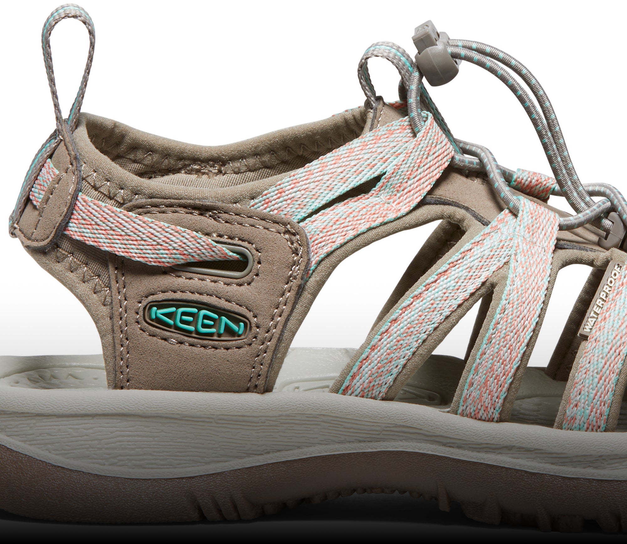 A close-up of a taupe KEEN sandal.