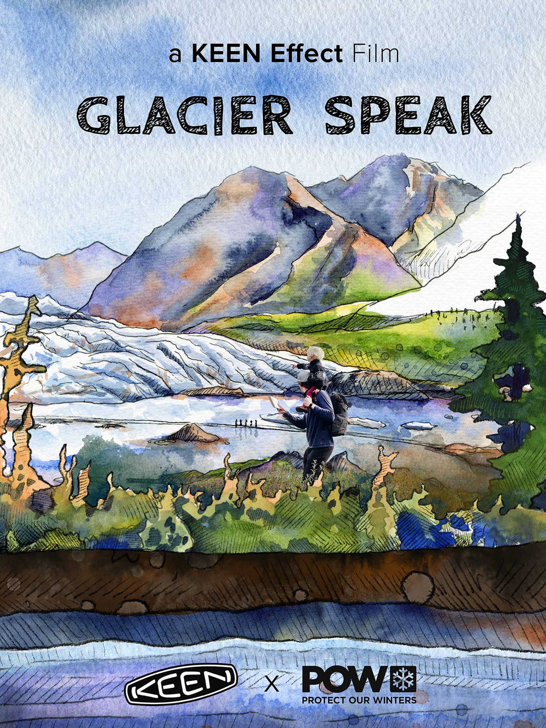 A KEEN Effect Film poster titled "GLACIER SPEAK" with a watercolor landscape of a glacier, mountains, and a parent carrying a child.
